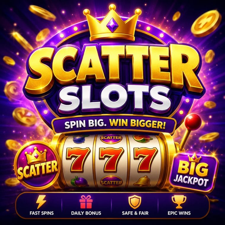 The Scatter Slots app marketing artwork: gold lettering, a crown, slot reels showing 777, and badges reading Spin Big Win Bigger, Big Jackpot, Fast Spins, Daily Bonus, Safe & Fair, Epic Wins.